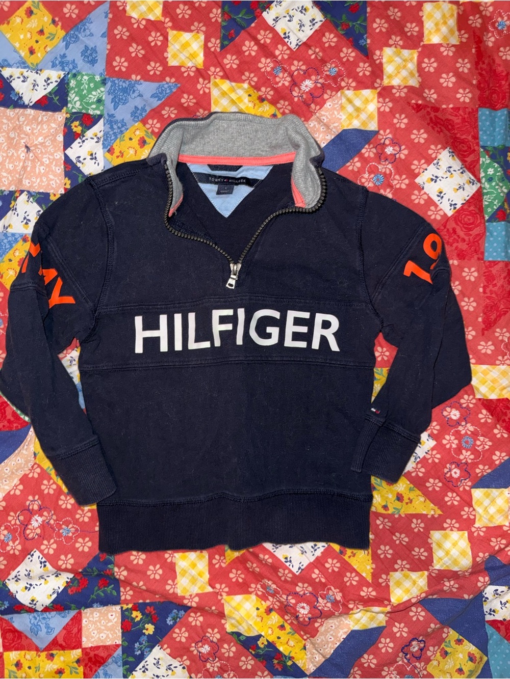 Tommy Hilfiger Navy Half-Zip Sweater with White Logo and Orange Sleeve Accents